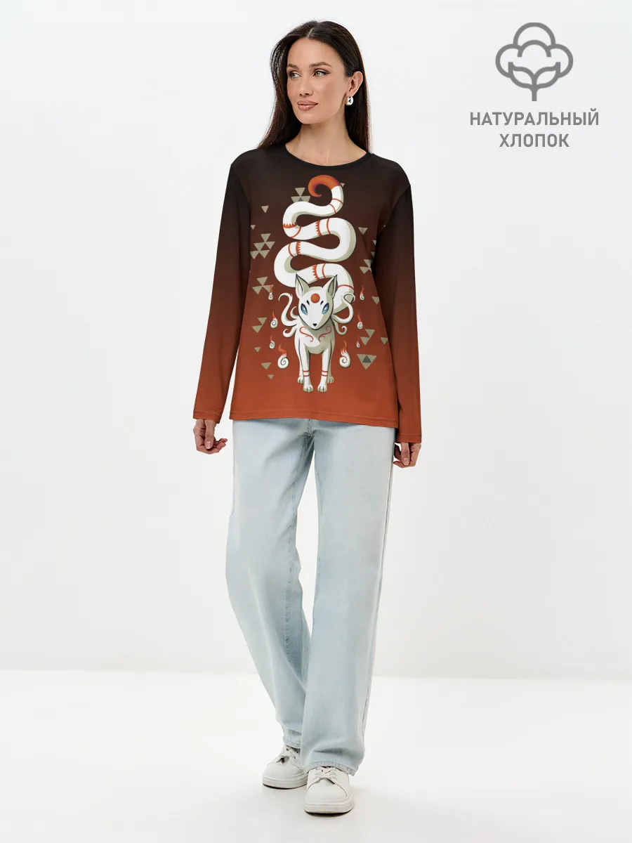Лонгслив женский. Хлопок / Длиннохвостая лисица Инари