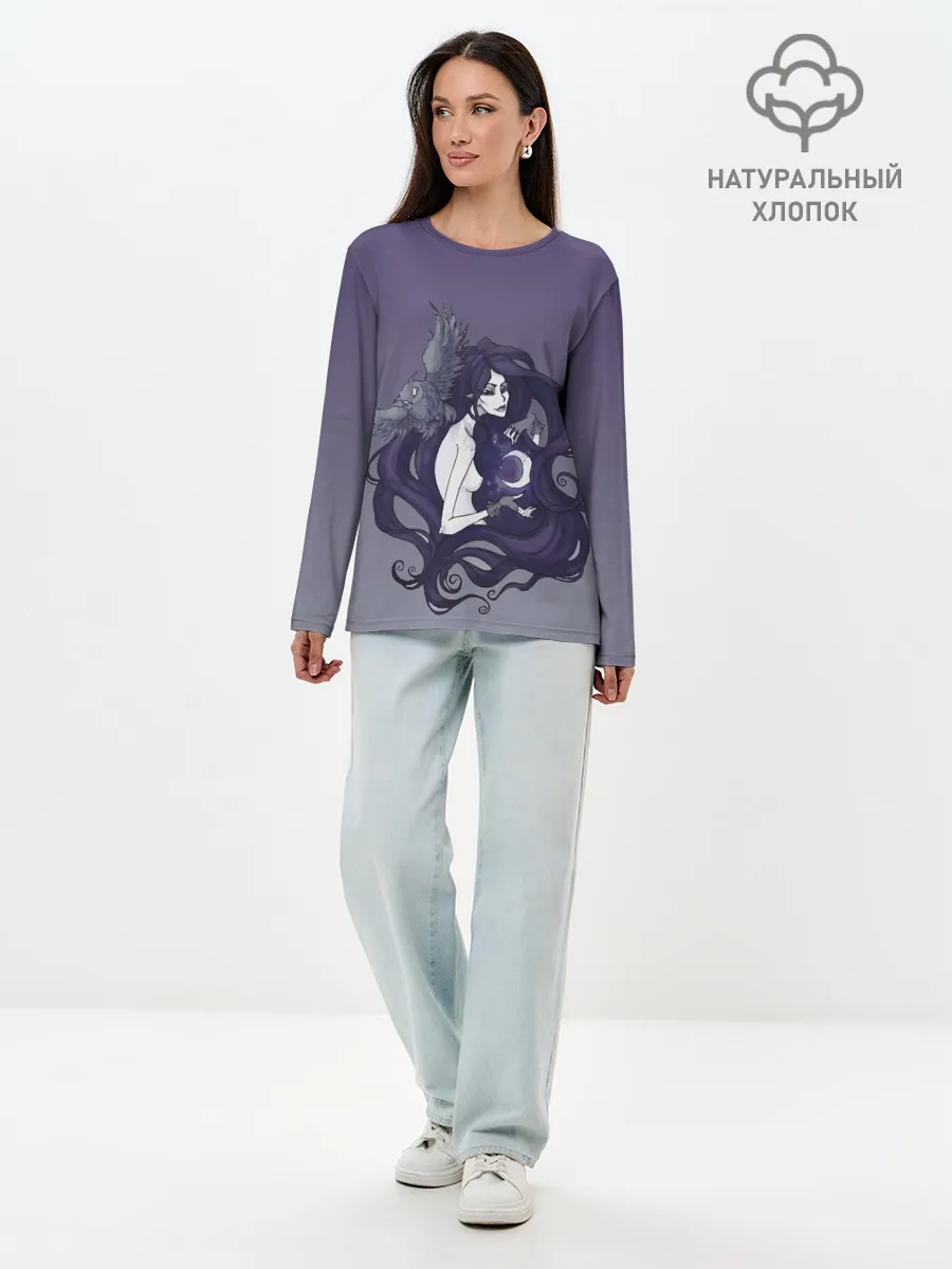 Лонгслив женский. Хлопок / ведьма сова луна