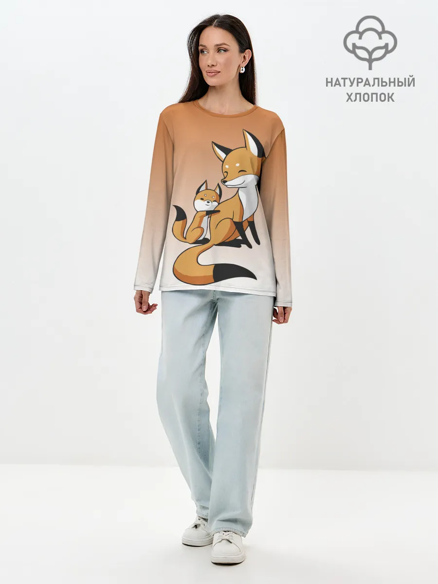 Лонгслив женский. Хлопок / лис и лисенок