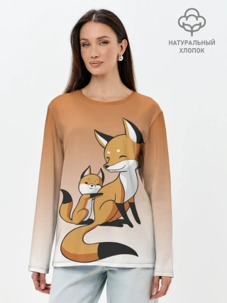 Лонгслив женский. Хлопок / лис и лисенок