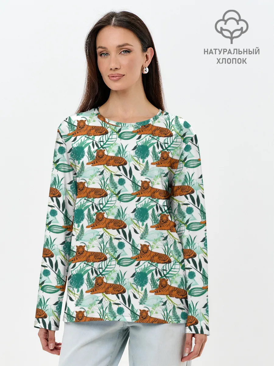 Лонгслив женский. Хлопок / Цветы и Тигр Паттерн