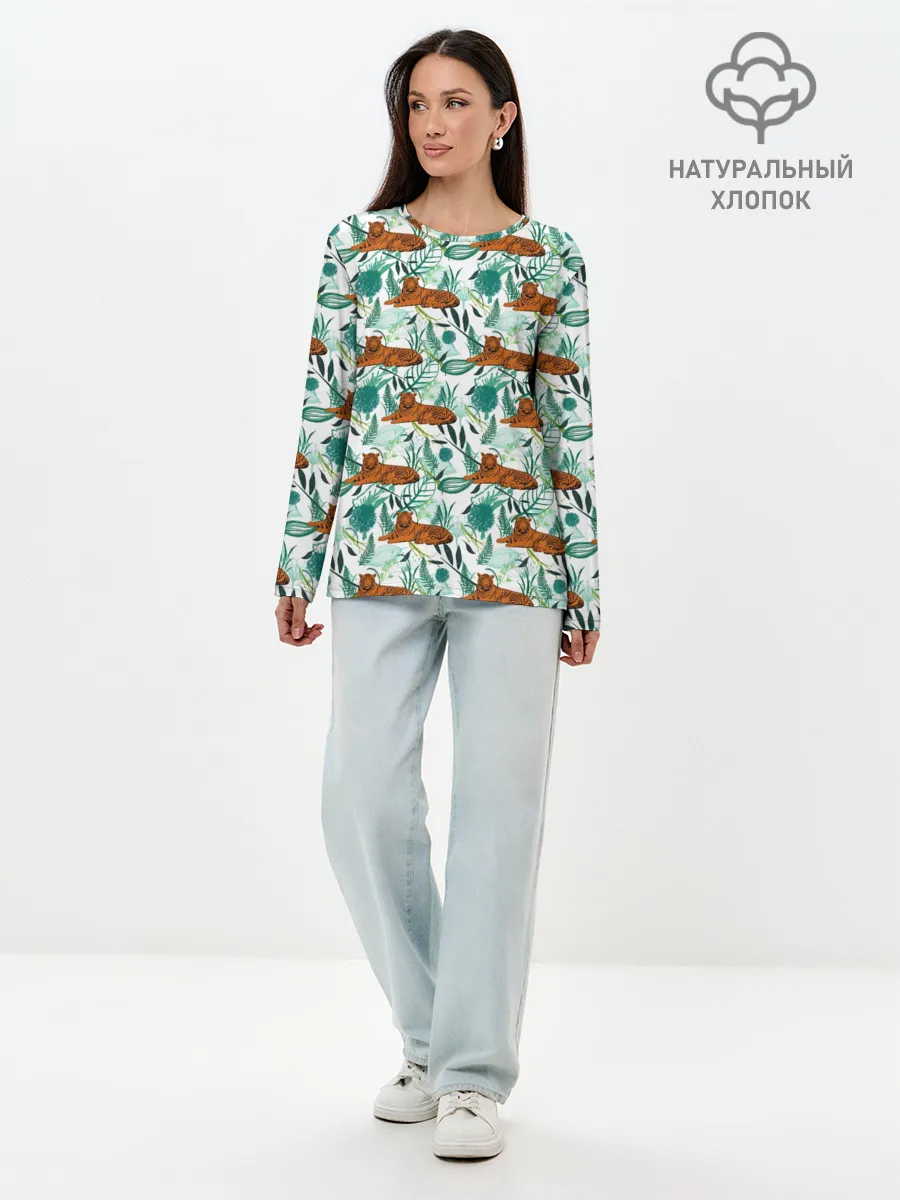 Лонгслив женский. Хлопок / Цветы и Тигр Паттерн