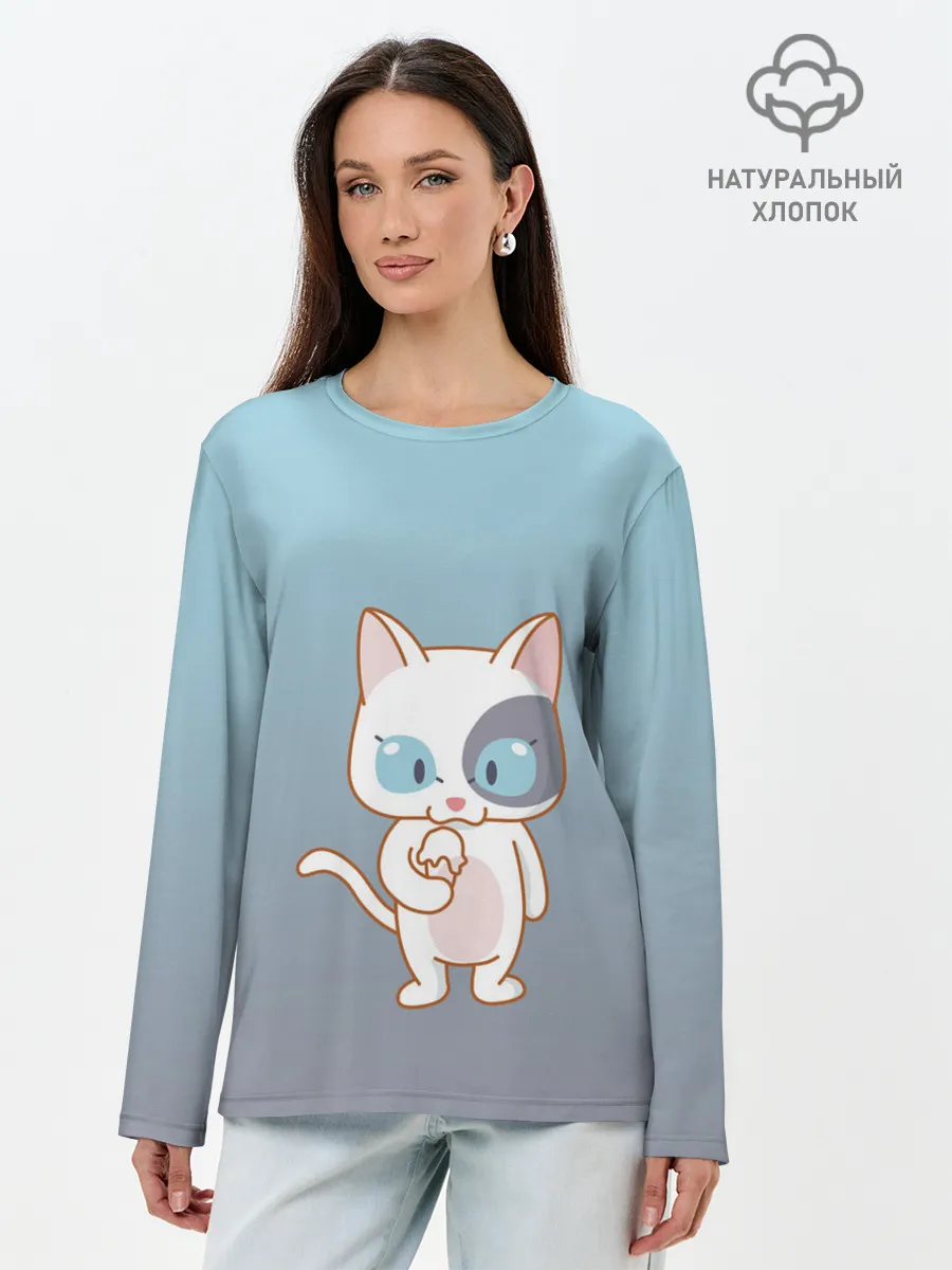 Лонгслив женский. Хлопок / кот с мороженкой