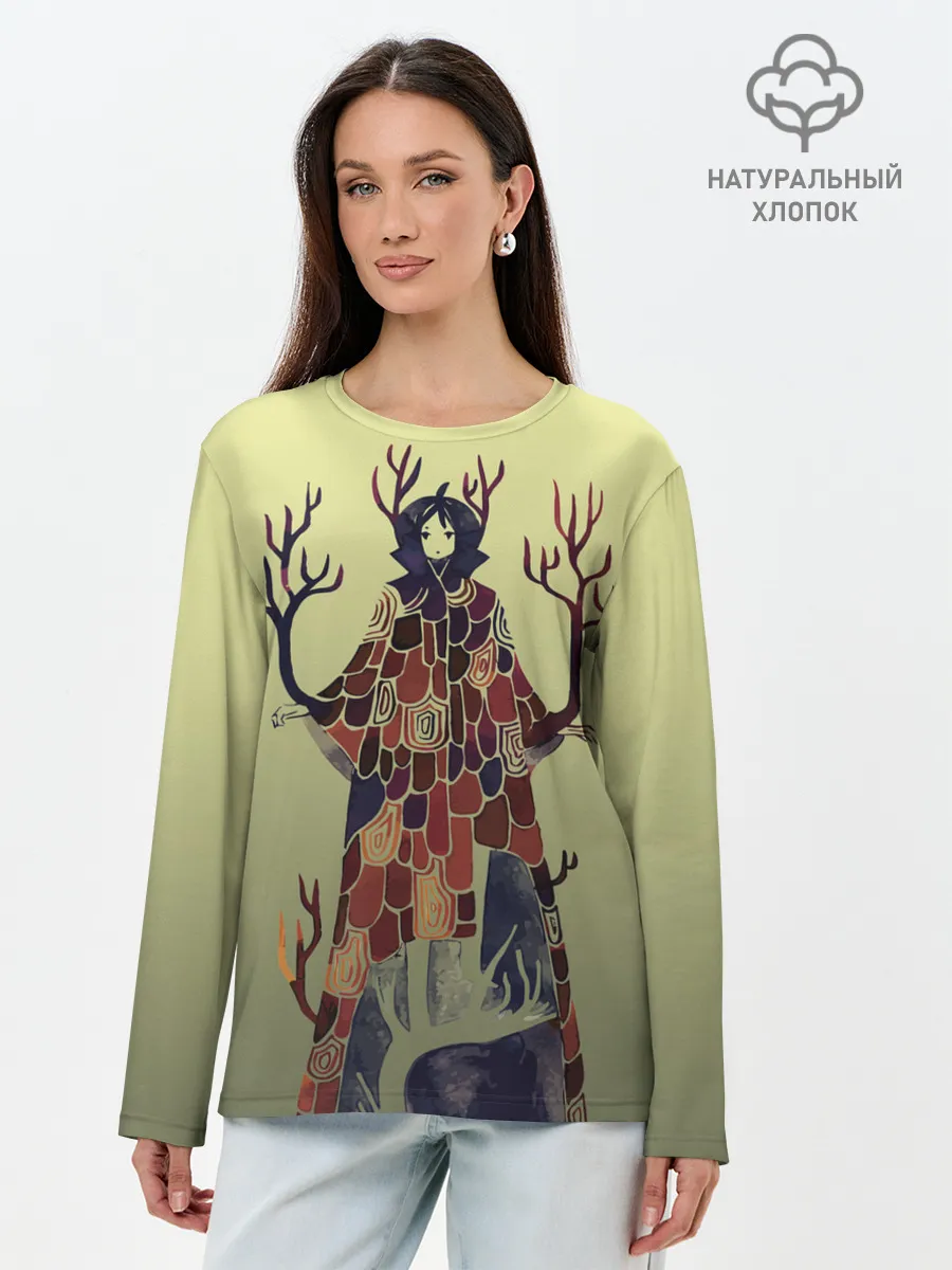 Лонгслив женский. Хлопок / лесной волшебник акварель