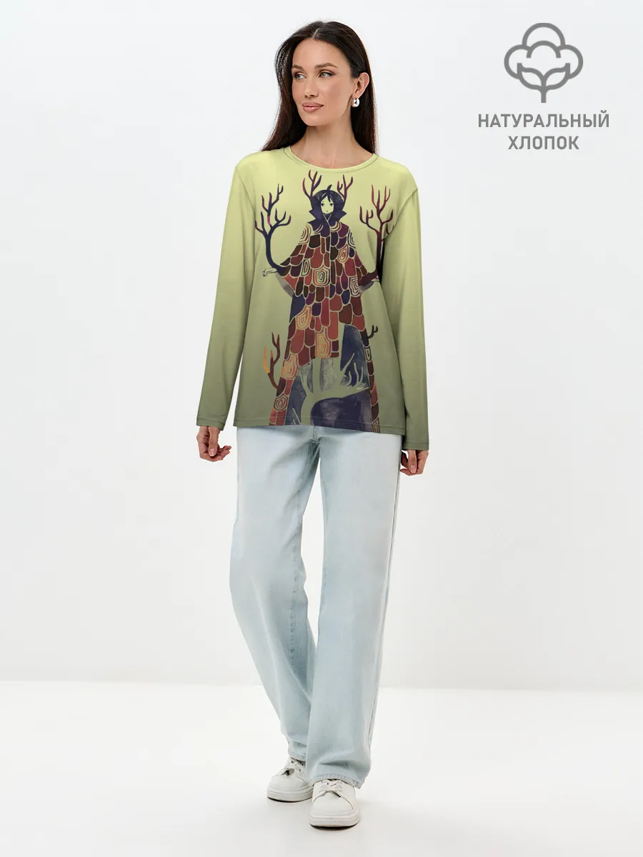 Лонгслив женский. Хлопок / лесной волшебник акварель