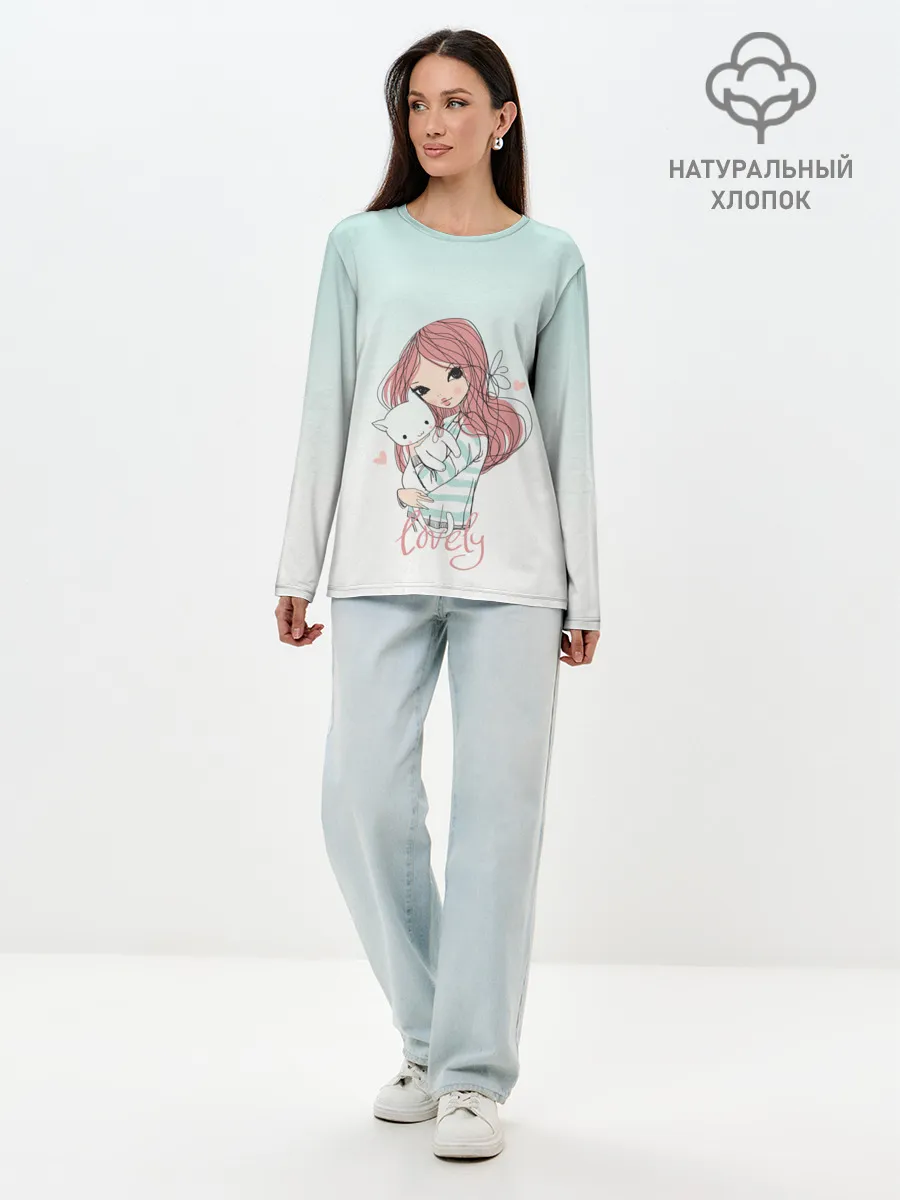 Лонгслив женский. Хлопок / Девочка и любимый кот арт