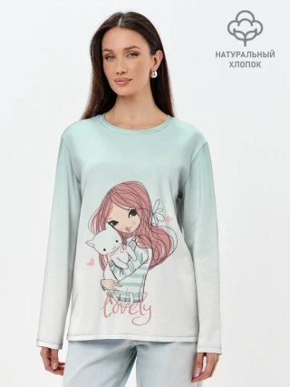 Лонгслив женский. Хлопок / Девочка и любимый кот арт