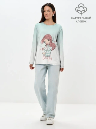 Лонгслив женский. Хлопок / Девочка и любимый кот арт