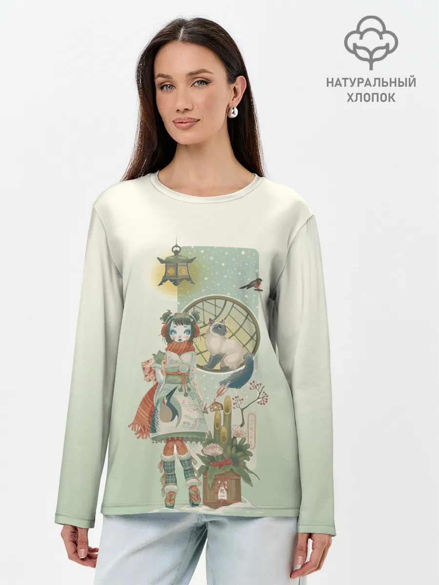 Лонгслив женский. Хлопок / девушка кимоно зима Япония кот