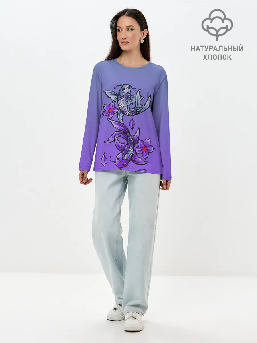 Лонгслив женский. Хлопок / Рыбы и цветы