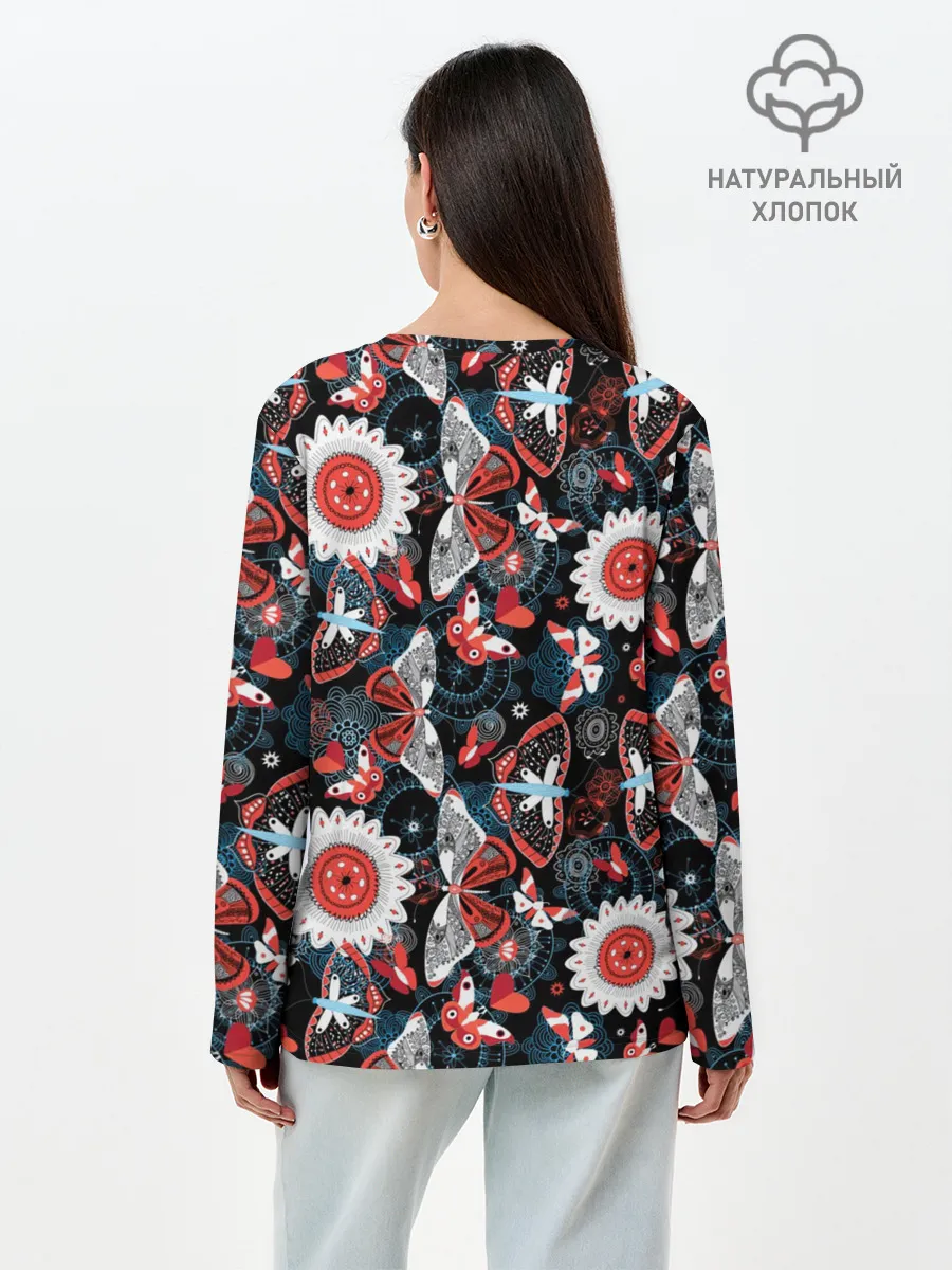 Лонгслив женский. Хлопок / Паттерн из Бабочек с Цветами