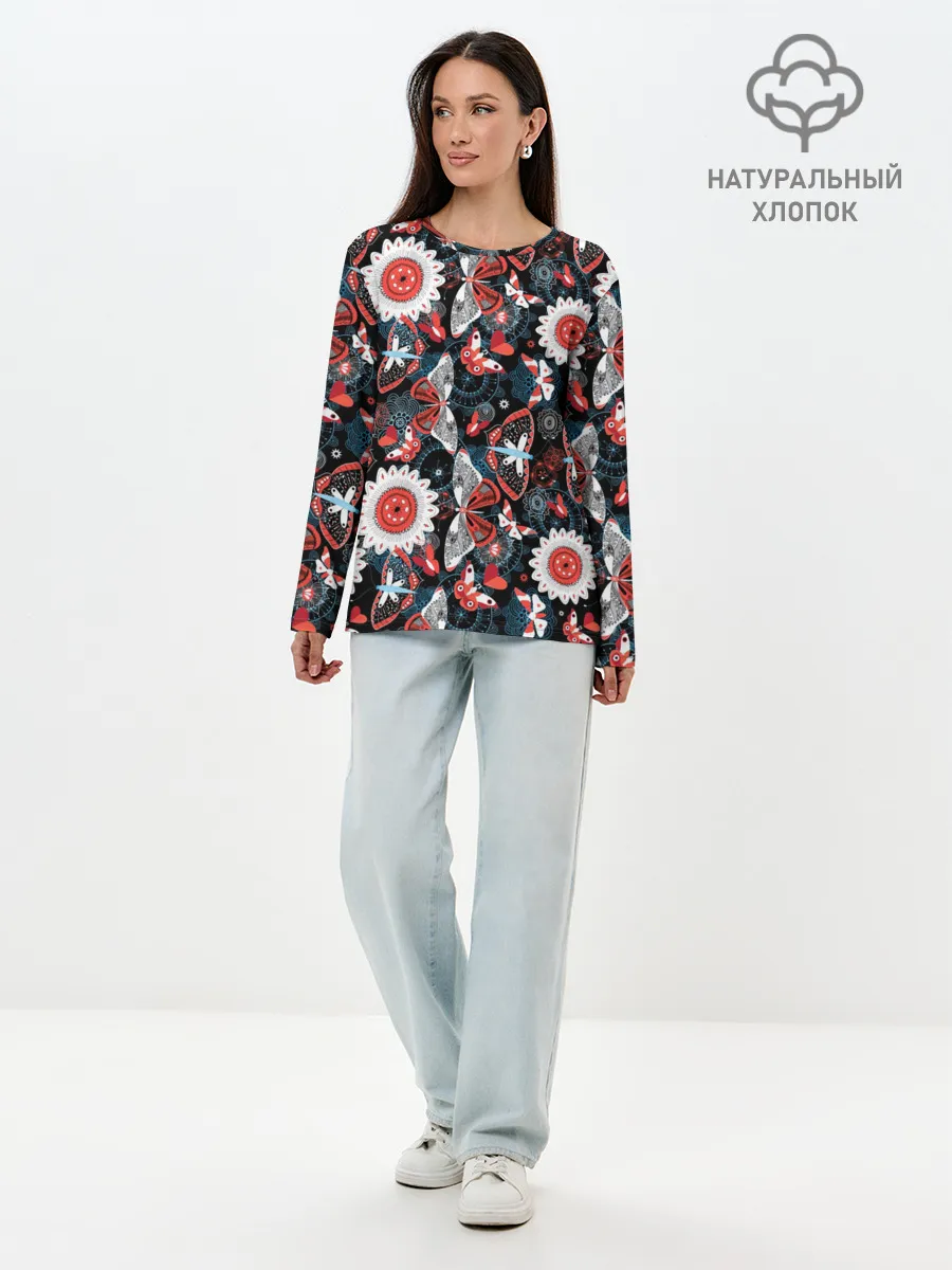 Лонгслив женский. Хлопок / Паттерн из Бабочек с Цветами