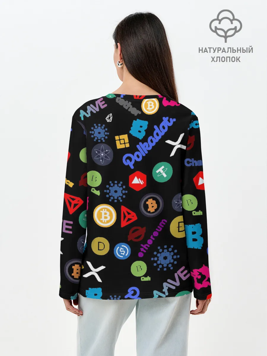 Лонгслив женский. Хлопок / BITCOIN PATTERN | БИТКОИН