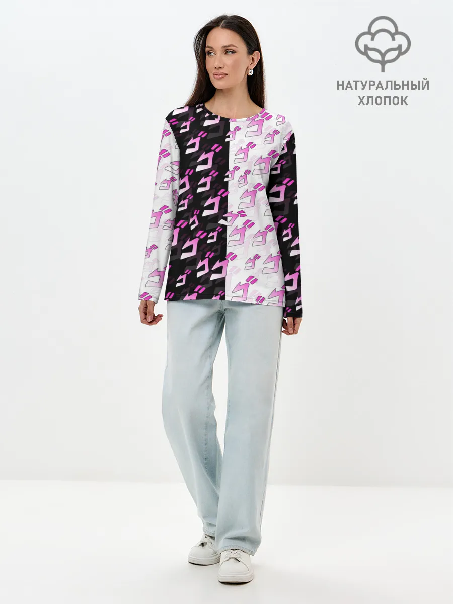 Лонгслив женский. Хлопок / Розовые джоджо на чернобелом