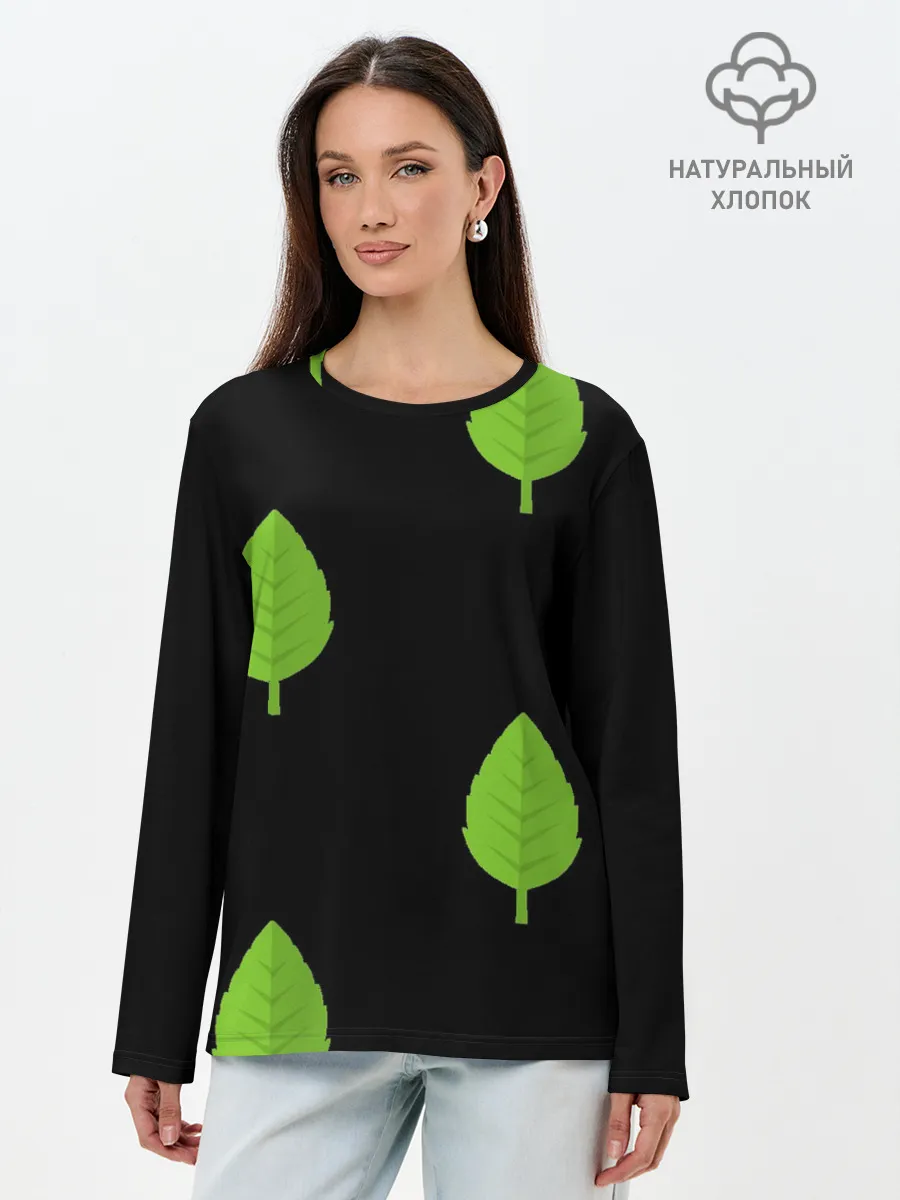 Лонгслив женский. Хлопок / Птица и листочек