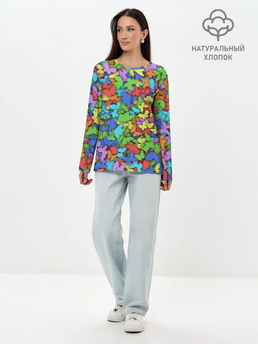 Лонгслив женский. Хлопок / Разноцветные бабочки