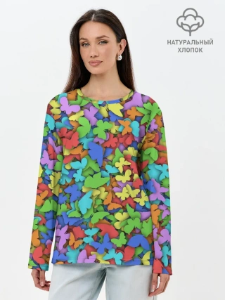 Лонгслив женский. Хлопок / Разноцветные бабочки