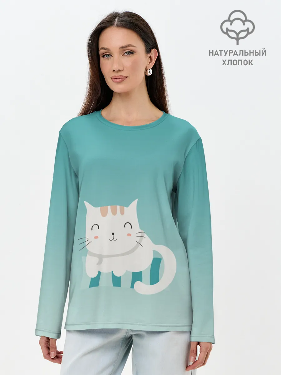 Лонгслив женский. Хлопок / котик на подстилке
