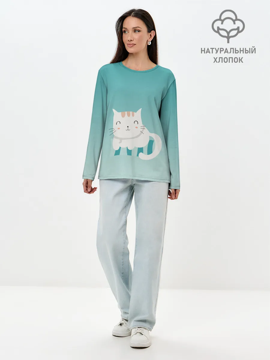 Лонгслив женский. Хлопок / котик на подстилке