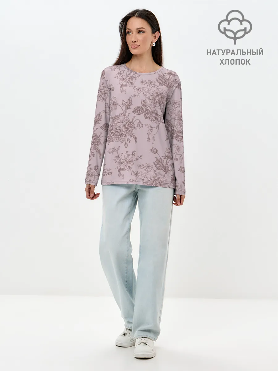 Лонгслив женский. Хлопок / розы с пионами