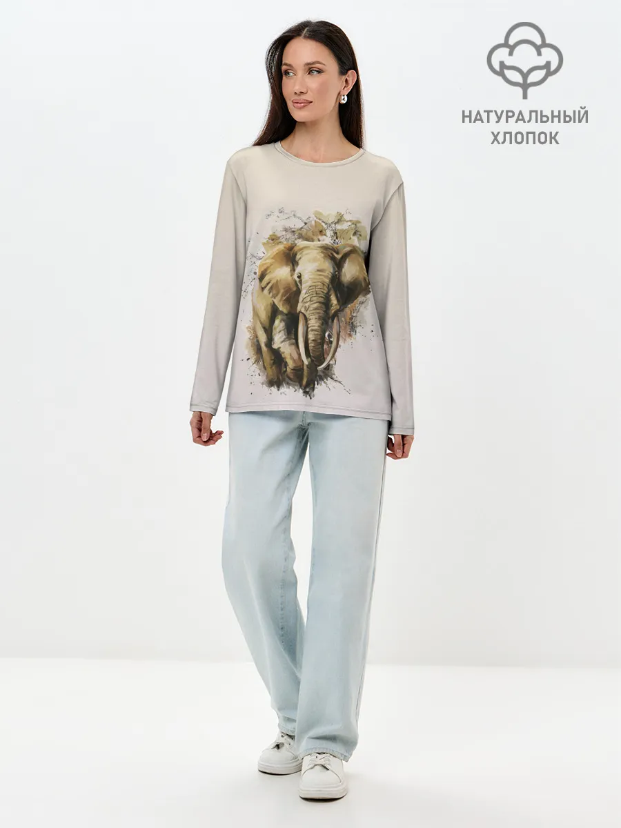 Лонгслив женский. Хлопок / акварельный слон брызги