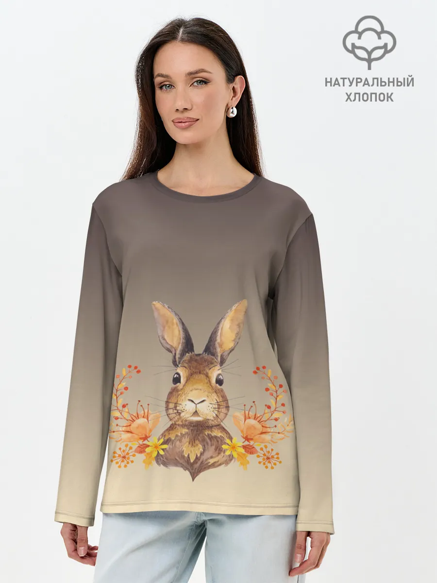 Лонгслив женский. Хлопок / заяц в цветочках