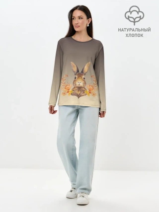 Лонгслив женский. Хлопок / заяц в цветочках