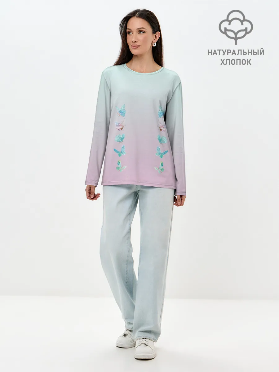 Лонгслив женский. Хлопок / акварельные бабочки