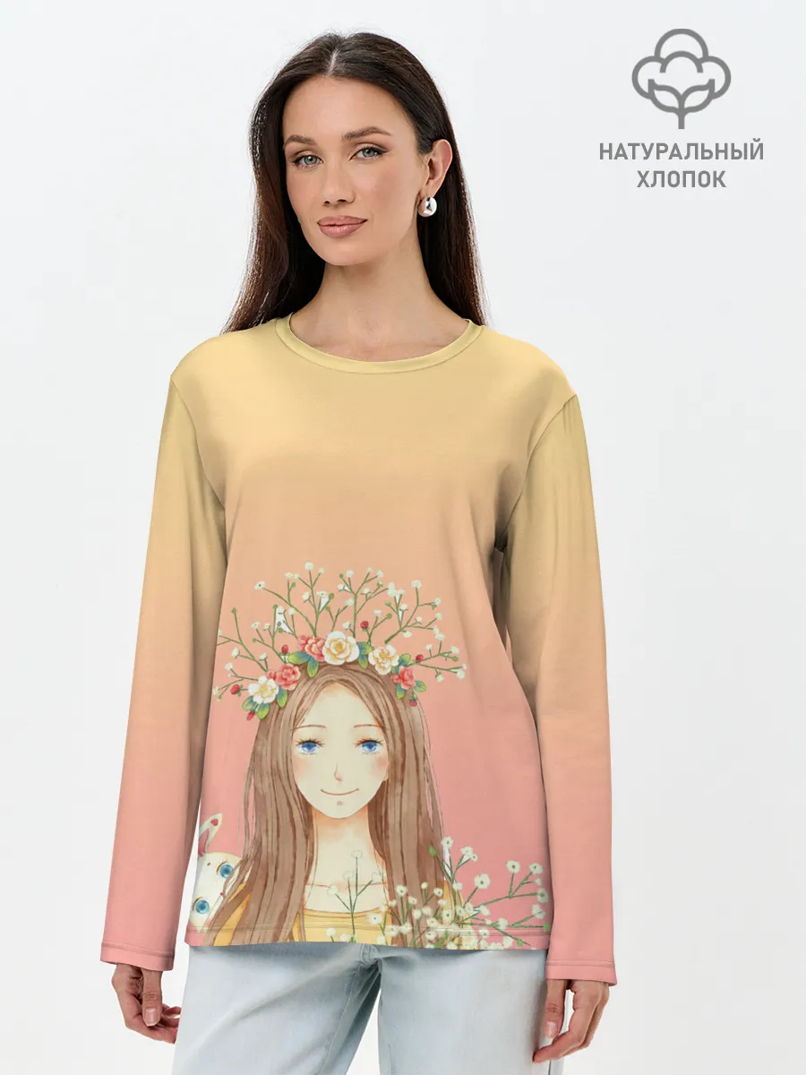 Лонгслив женский. Хлопок / девочка и кролик