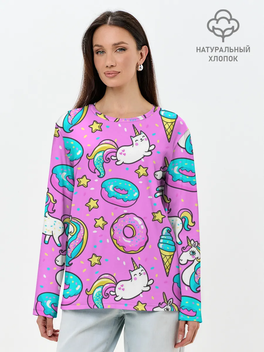 Лонгслив женский. Хлопок / Единороги с пончиками
