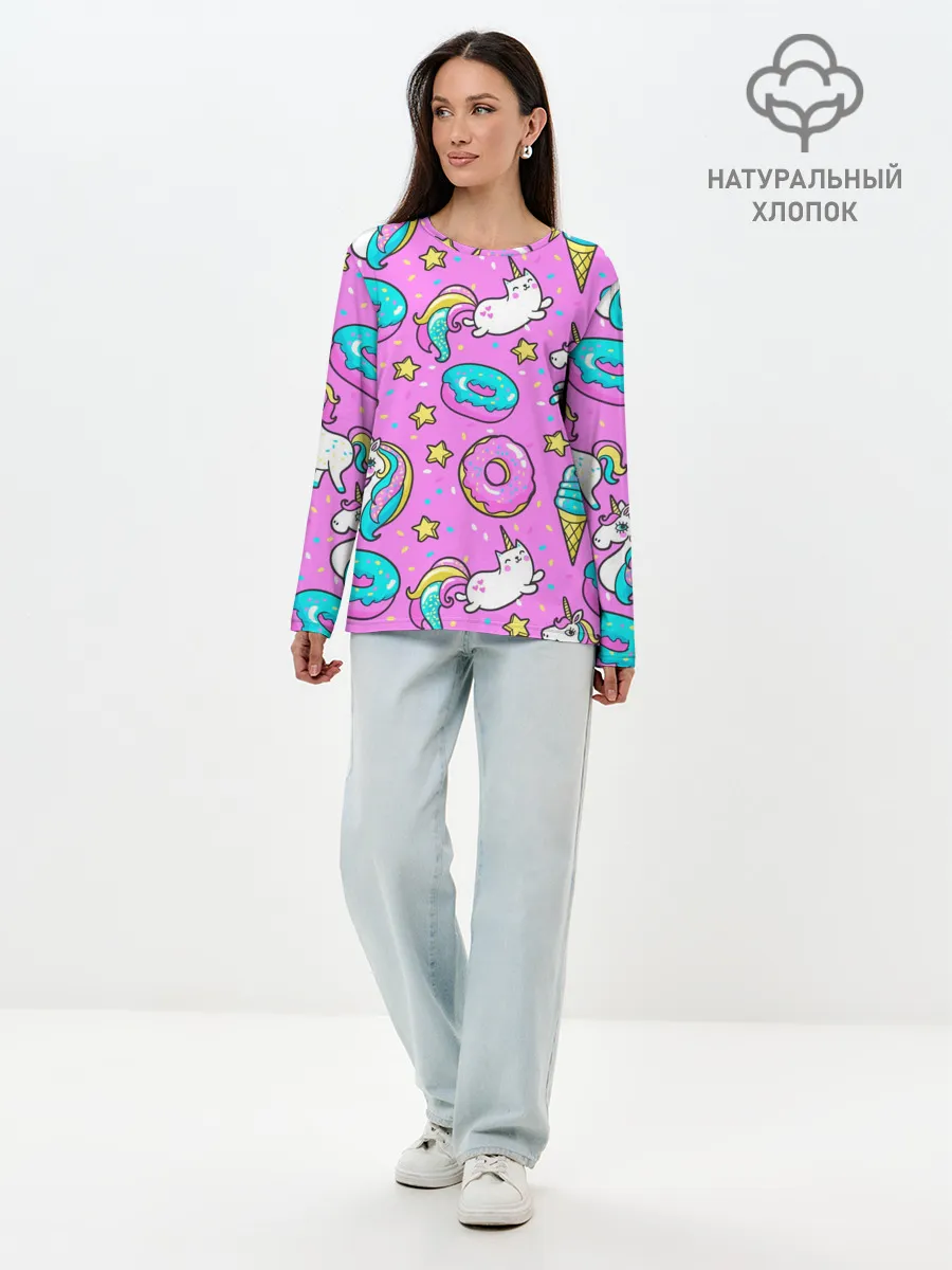 Лонгслив женский. Хлопок / Единороги с пончиками