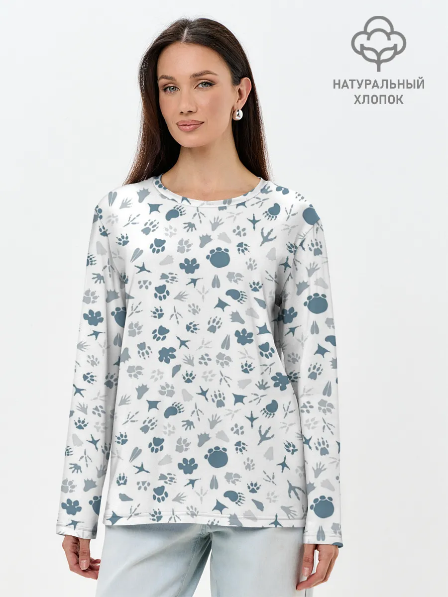 Лонгслив женский. Хлопок / Отпечатки лап животных