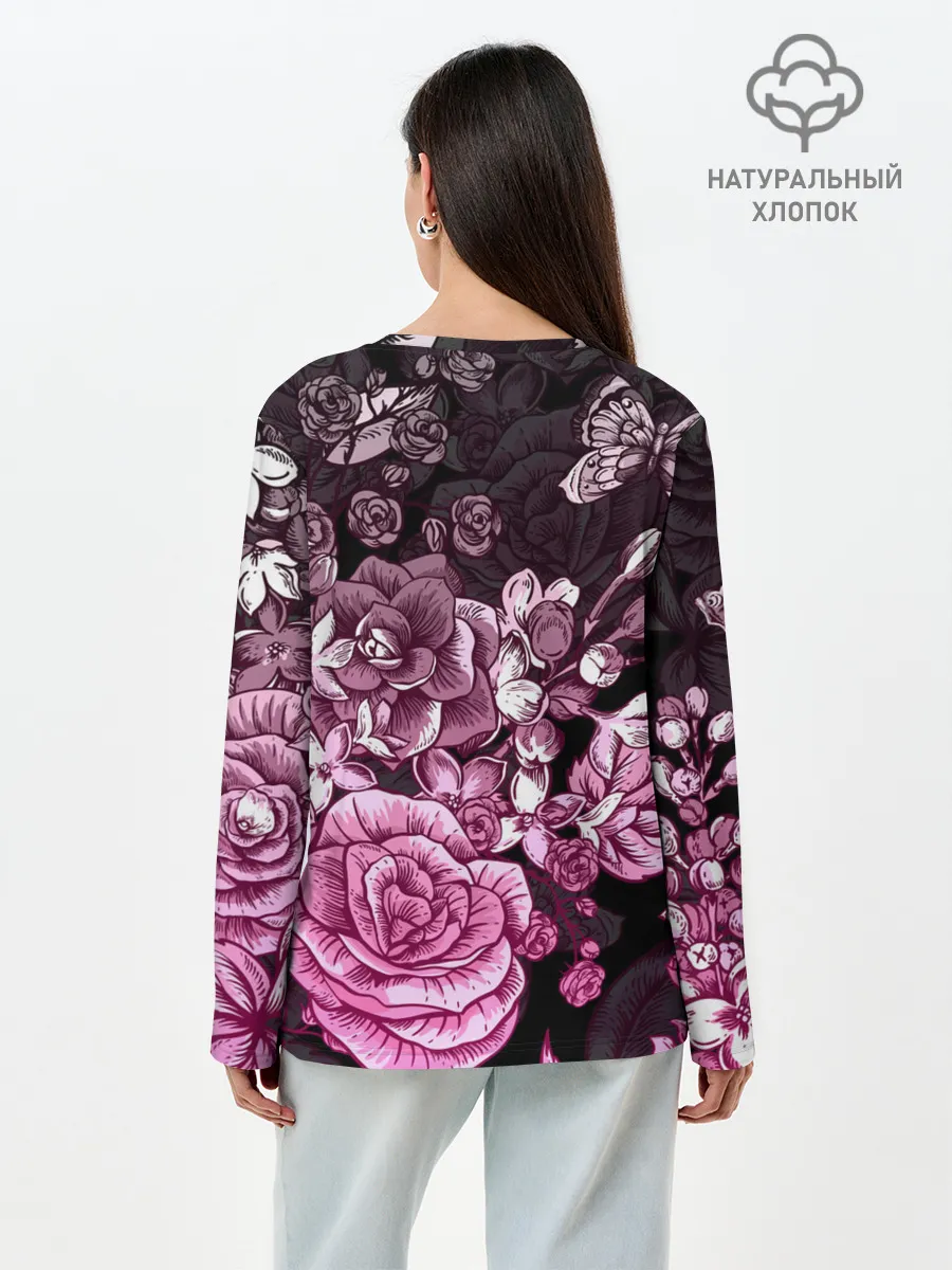 Лонгслив женский. Хлопок / РОЗЫ | ROSES | БАБОЧКИ