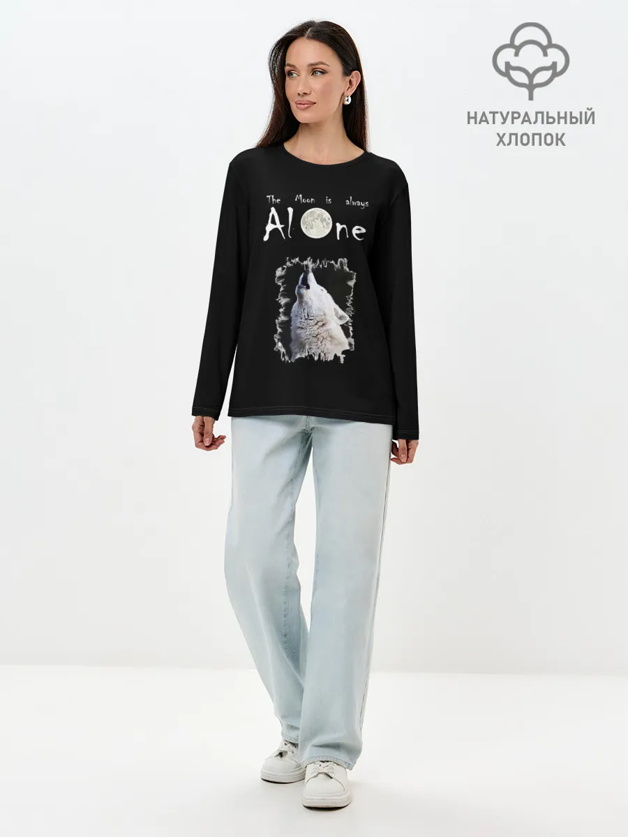 Лонгслив женский. Хлопок / Волк и луна одиночки