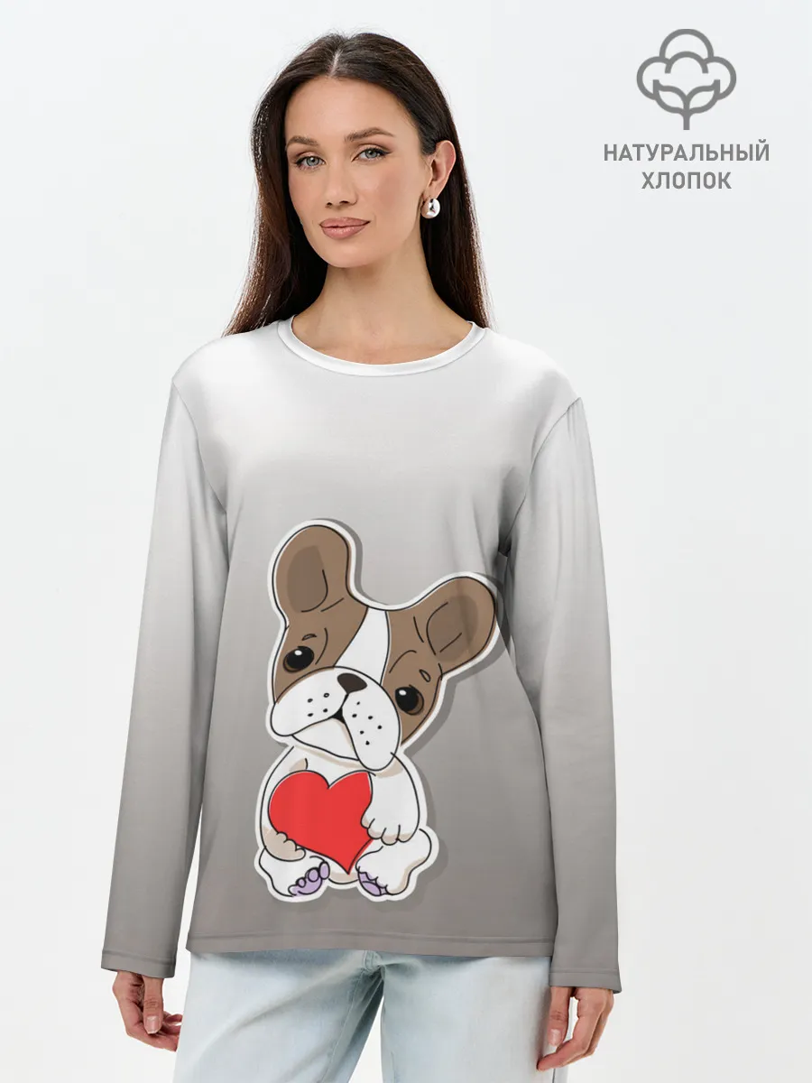 Лонгслив женский. Хлопок / французский бульдог сердечко
