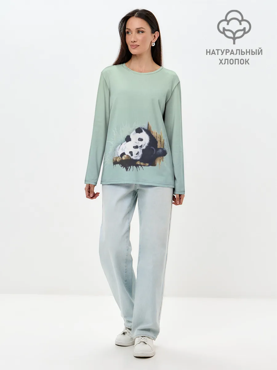 Лонгслив женский. Хлопок / акварельные панды