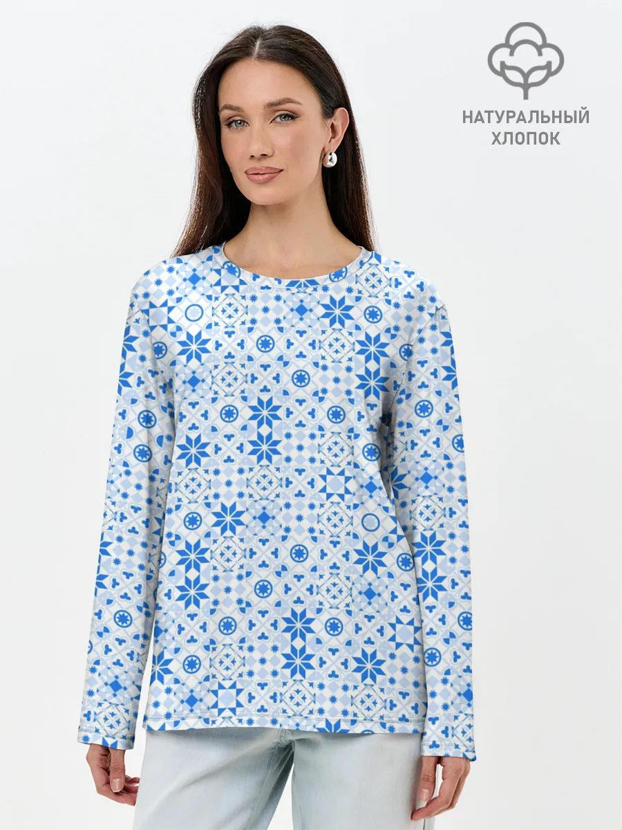 Лонгслив женский. Хлопок / Орнамент снежинки