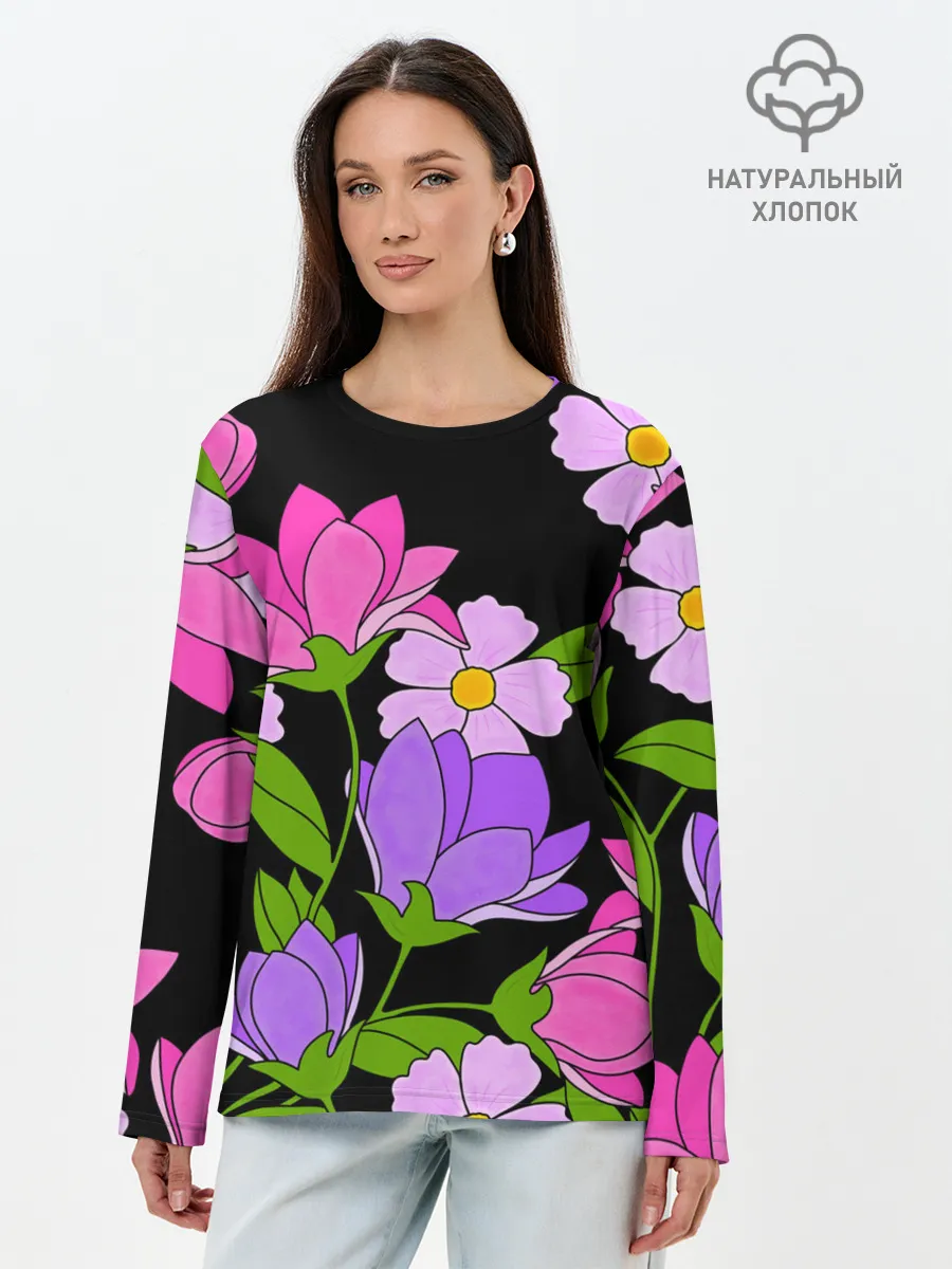 Лонгслив женский. Хлопок / Ночные цветы