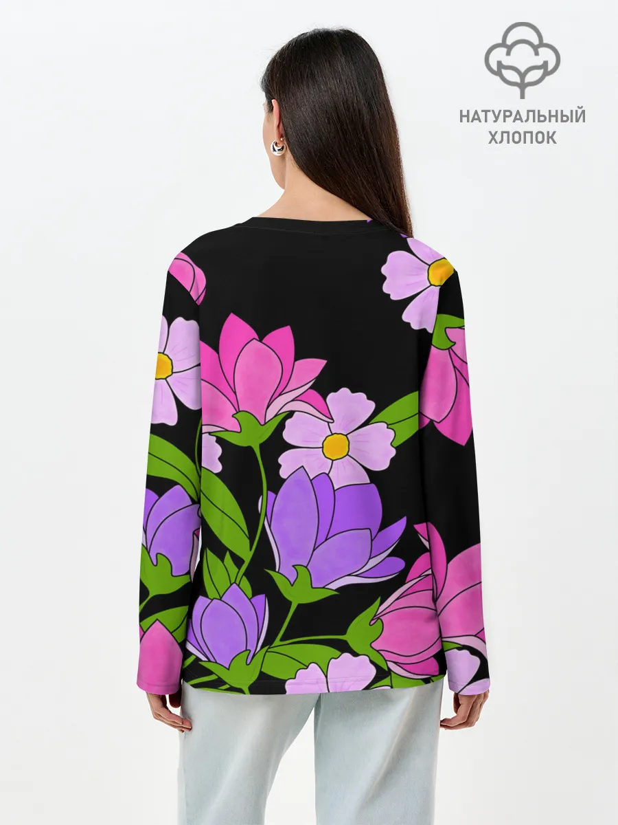 Лонгслив женский. Хлопок / Ночные цветы