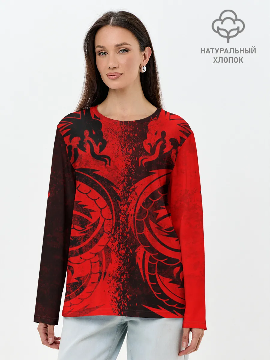 Лонгслив женский. Хлопок / BLACK RED DRAGONS TATOO