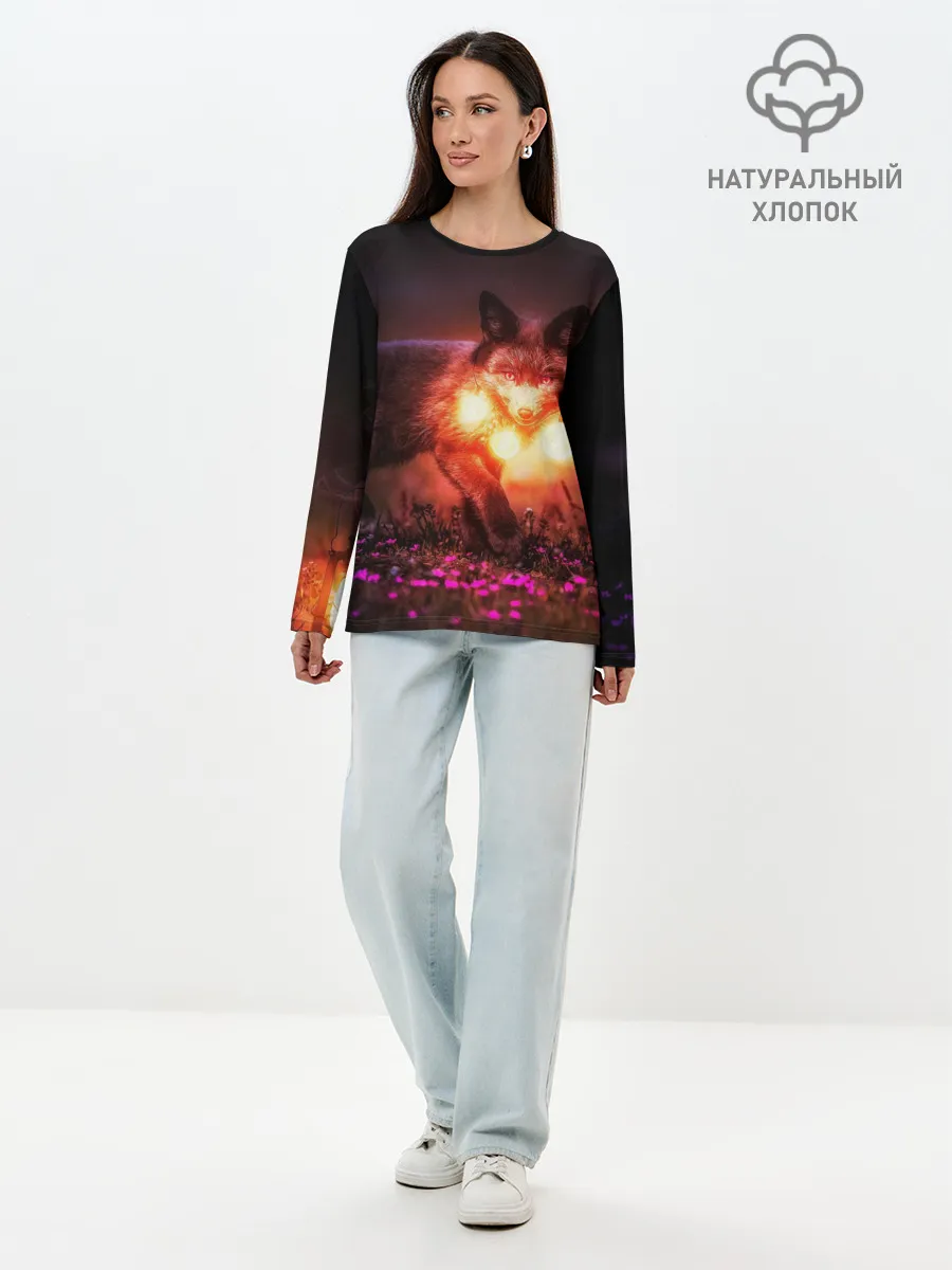 Лонгслив женский. Хлопок / Лисица с фонариками
