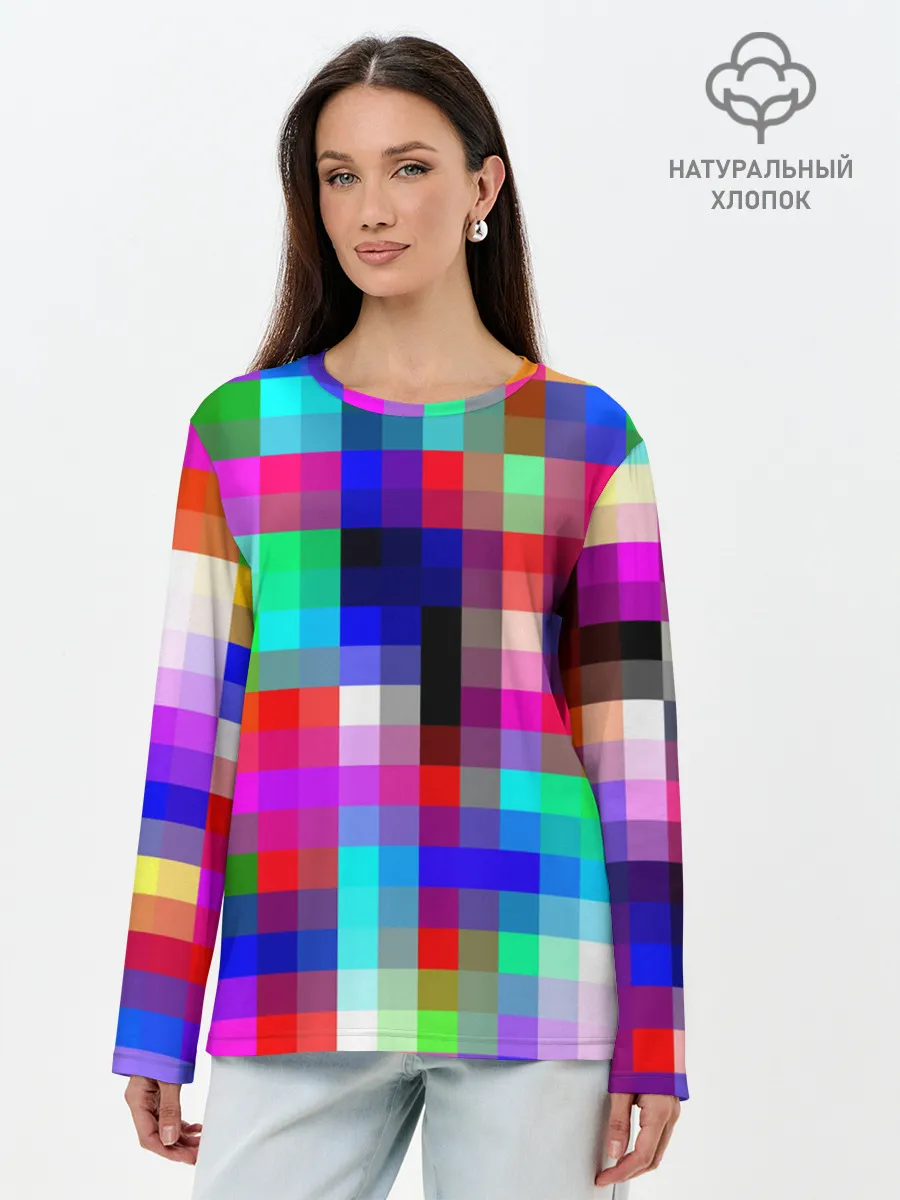 Лонгслив женский. Хлопок / РАЗНОЦВЕТНЫЕ ПИКСЕЛИ / КУБЫ