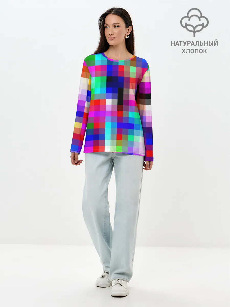 Лонгслив женский. Хлопок / РАЗНОЦВЕТНЫЕ ПИКСЕЛИ / КУБЫ