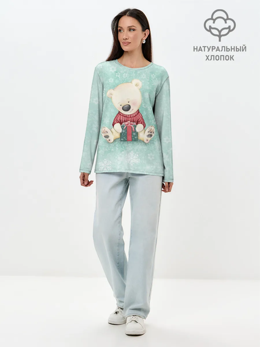 Лонгслив женский. Хлопок / Медвежонок с подарком