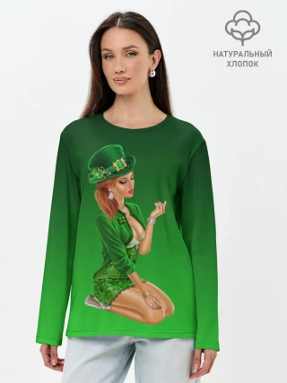 Лонгслив женский. Хлопок / девушка лепрекон в зеленом