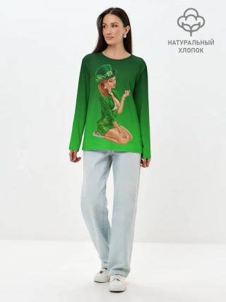 Лонгслив женский. Хлопок / девушка лепрекон в зеленом