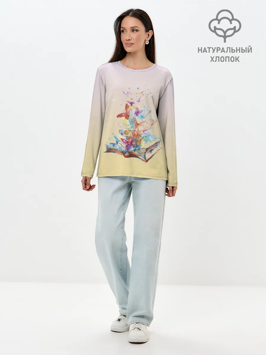 Лонгслив женский. Хлопок / бабочки из книги