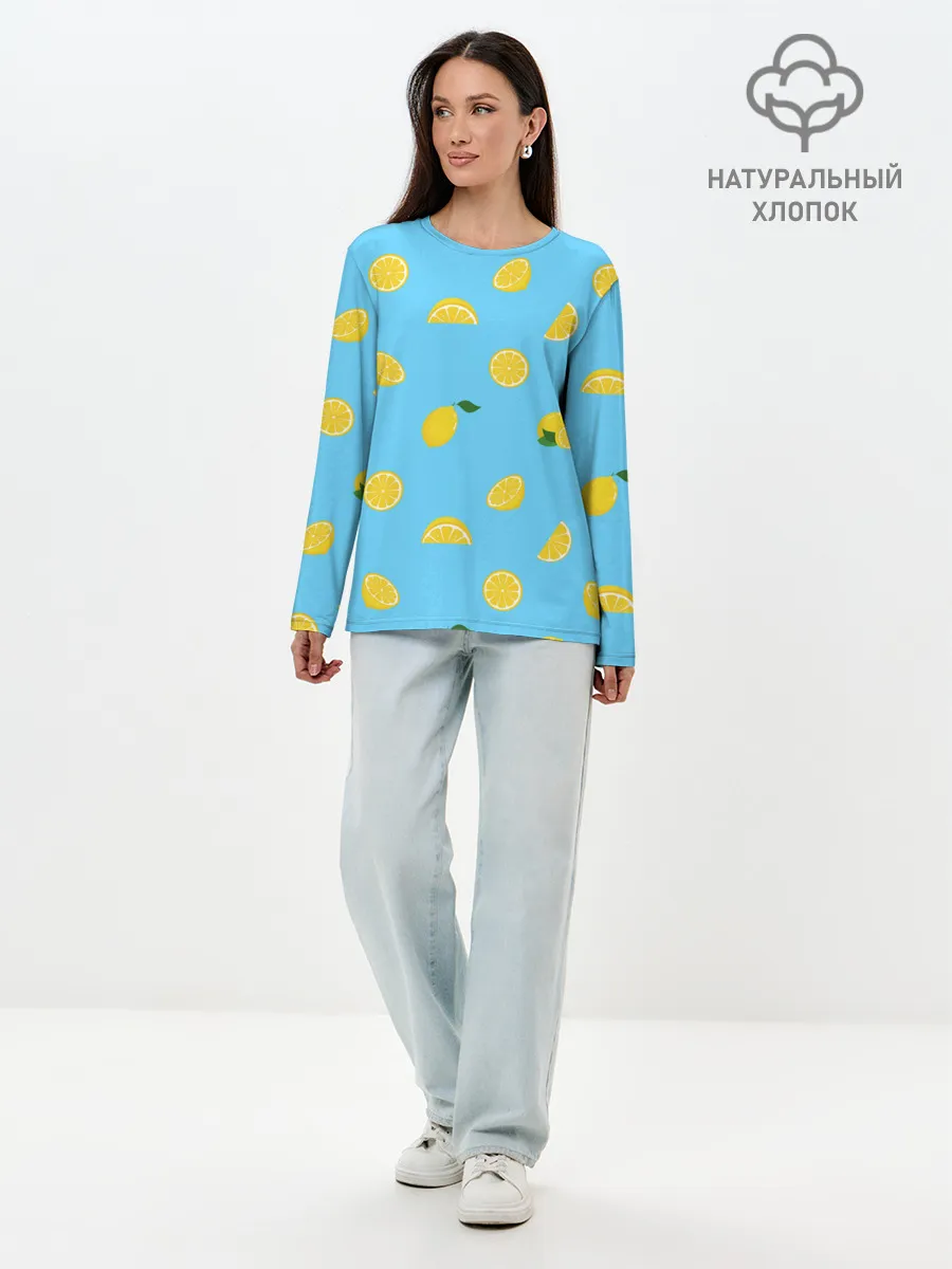 Лонгслив женский. Хлопок / Лимоны на голубом