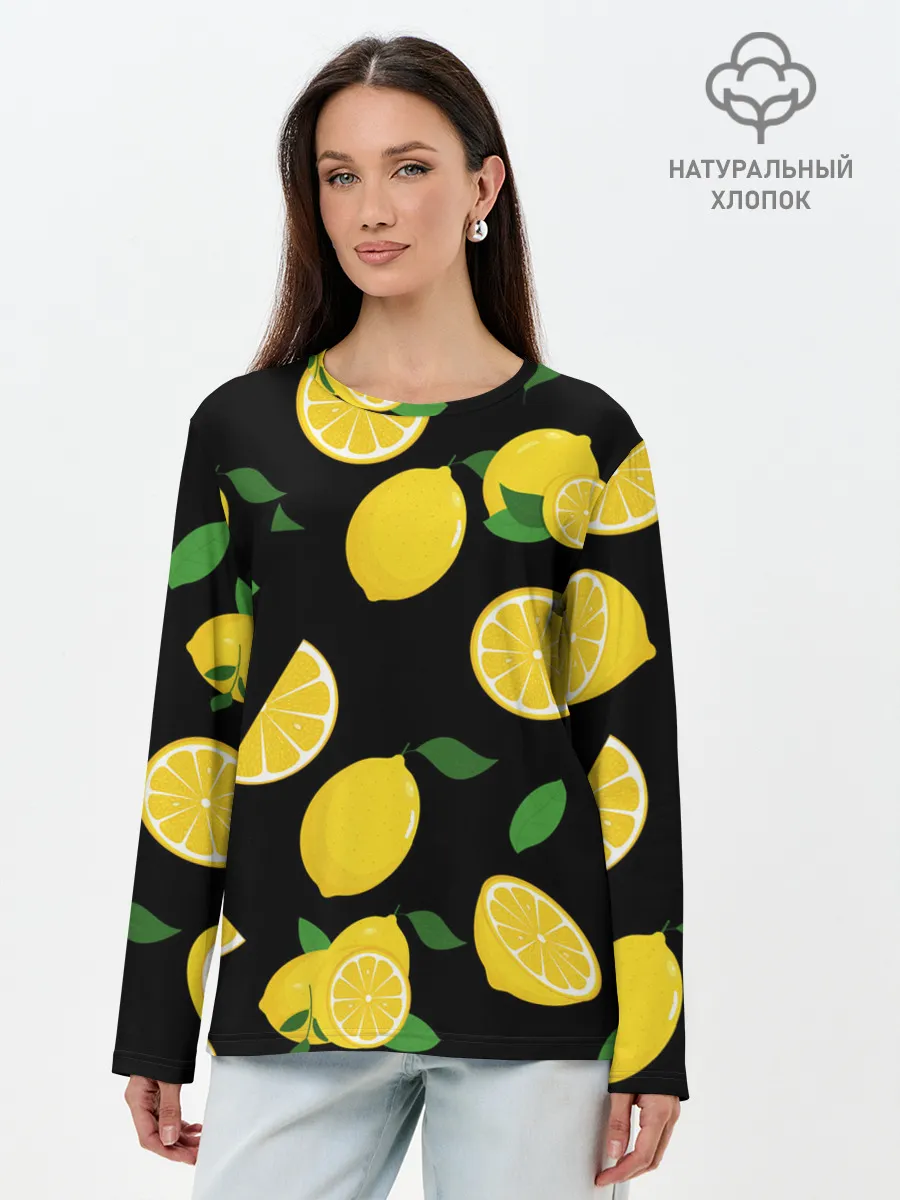 Лонгслив женский. Хлопок / Лимоны на чёрном