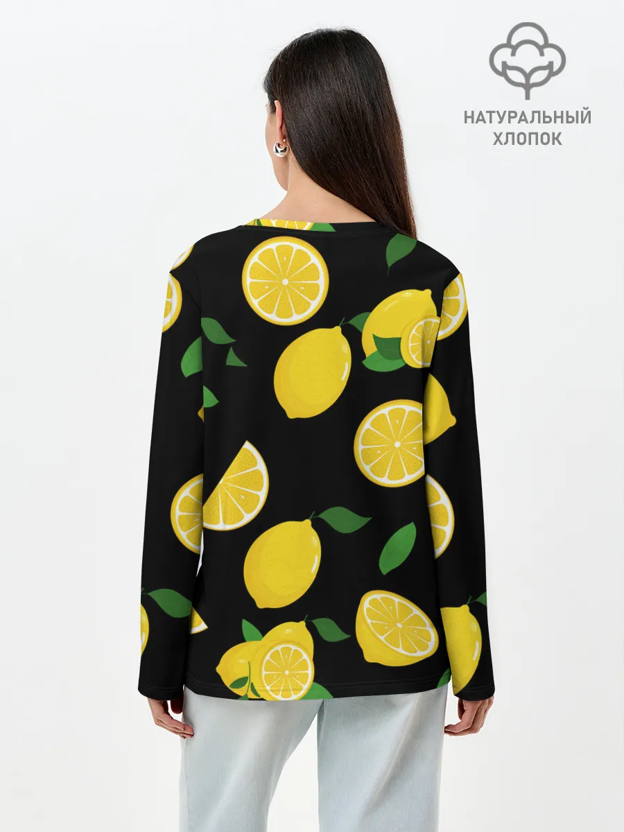 Лонгслив женский. Хлопок / Лимоны на чёрном